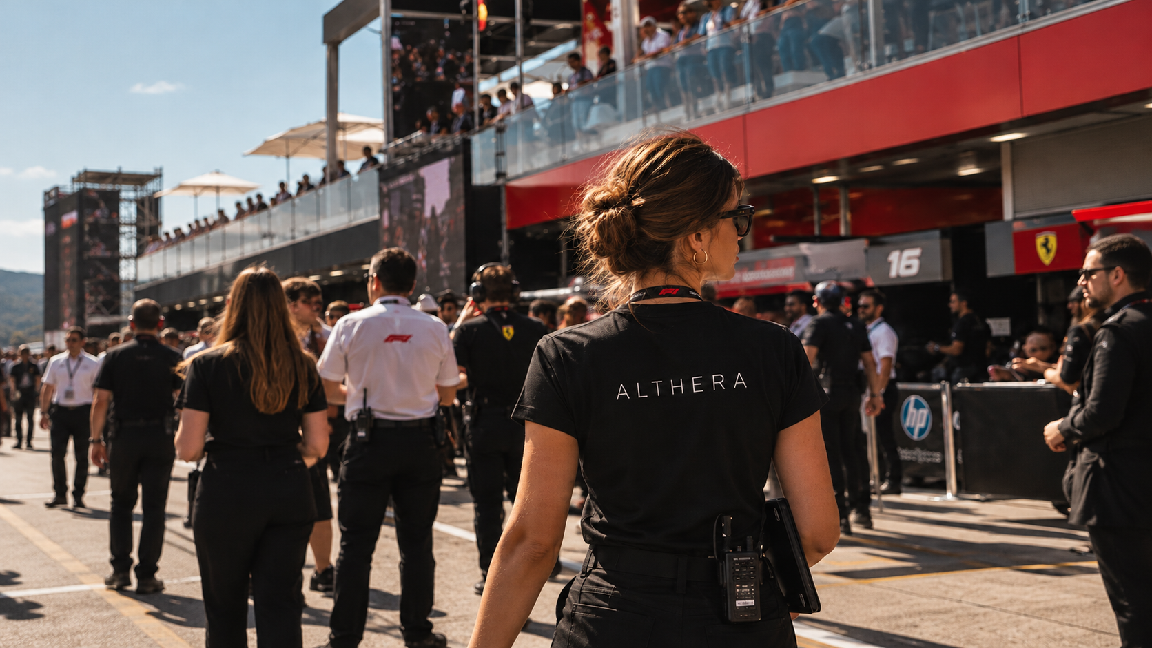ALTHERA team member overlooking the paddock at a live motorsport event